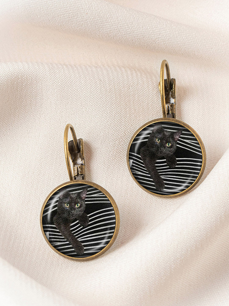 Metal Round Glass Gemstone Cat Print Women Earrings