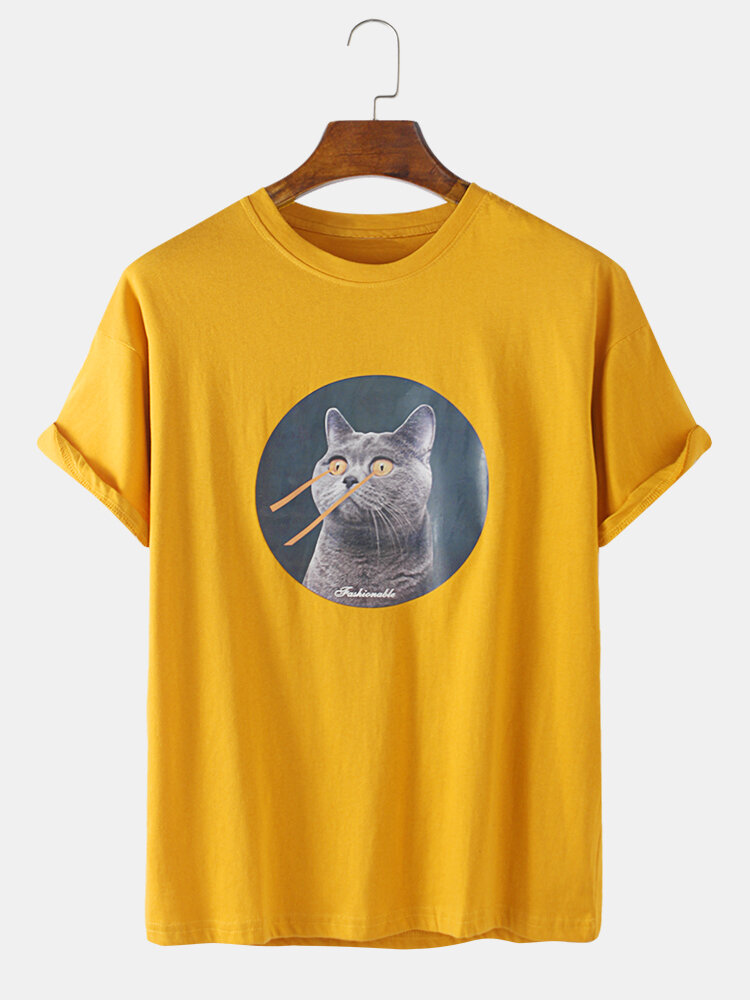 Mens Russian Blue Cat Graphic Print Casual Loose O-Neck T-Shirts