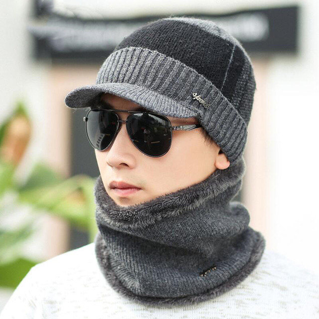 Men's Hat Collar Set Warm Knitted Cap Men's Wool Scarf Cap