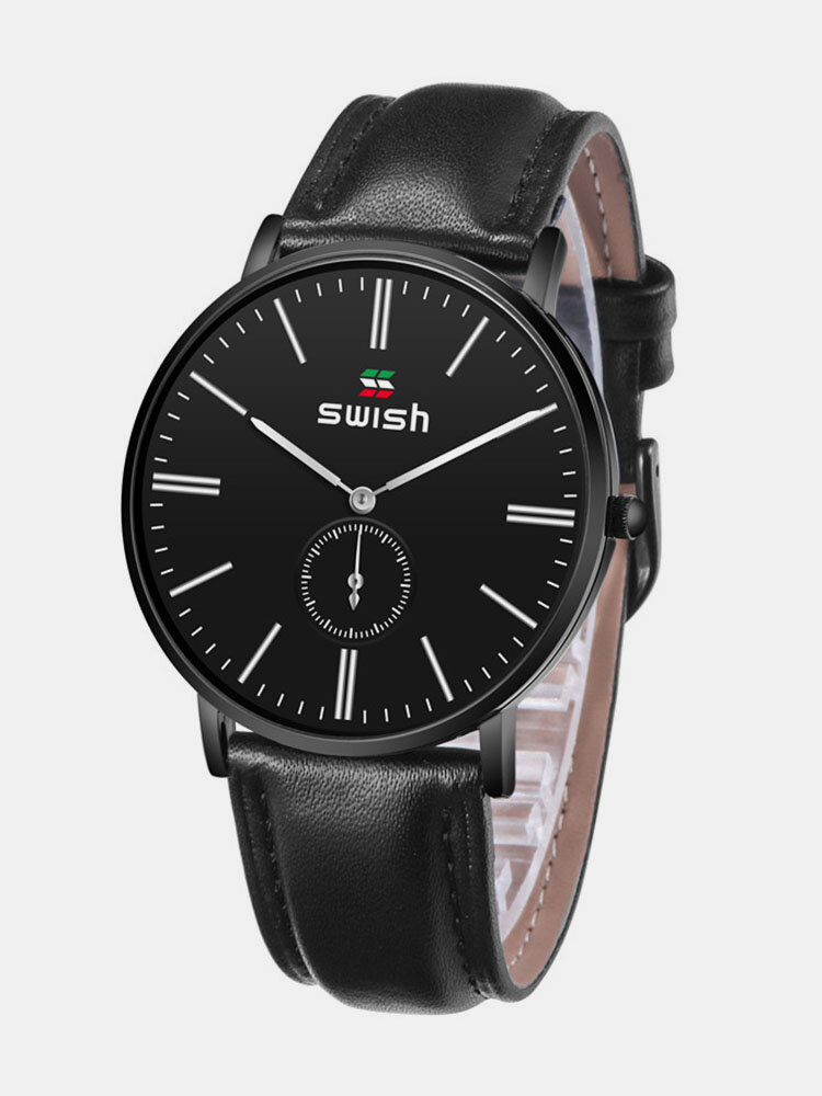 Black Genuine Leather Alloy Men Casual Business Watch Decorative Pointer Waterproof Quartz Watches