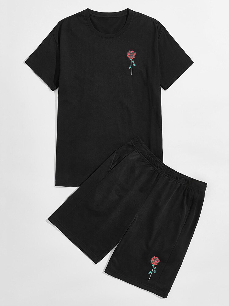 Mens 100% Cotton Rose Pattern Short Sleeve Elastic Waist Black Outfits