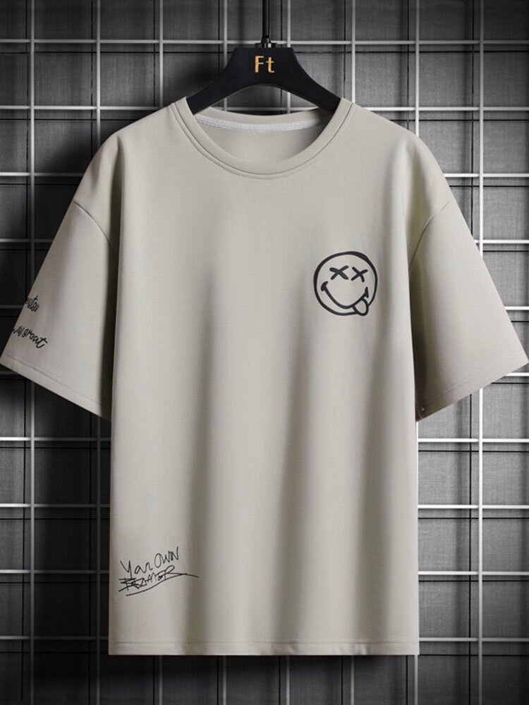 Camiseta masculina Smile Face Padrão com estampa de texto em volta do pescoço manga curta