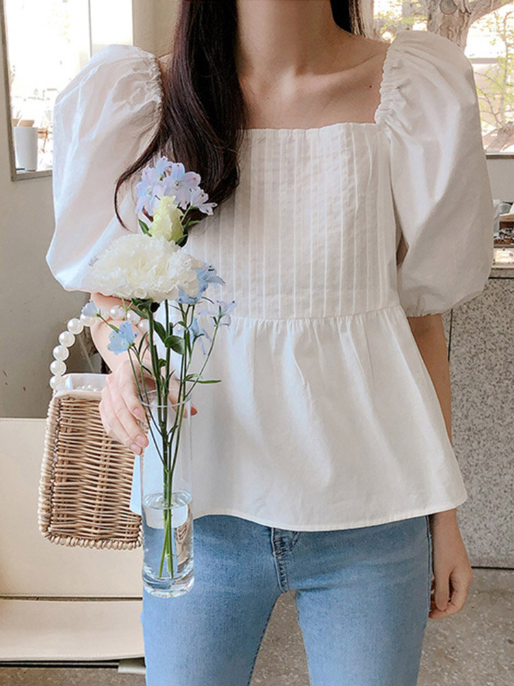 Solid Pleated Puff Sleeves Square Collar Blouse For Women