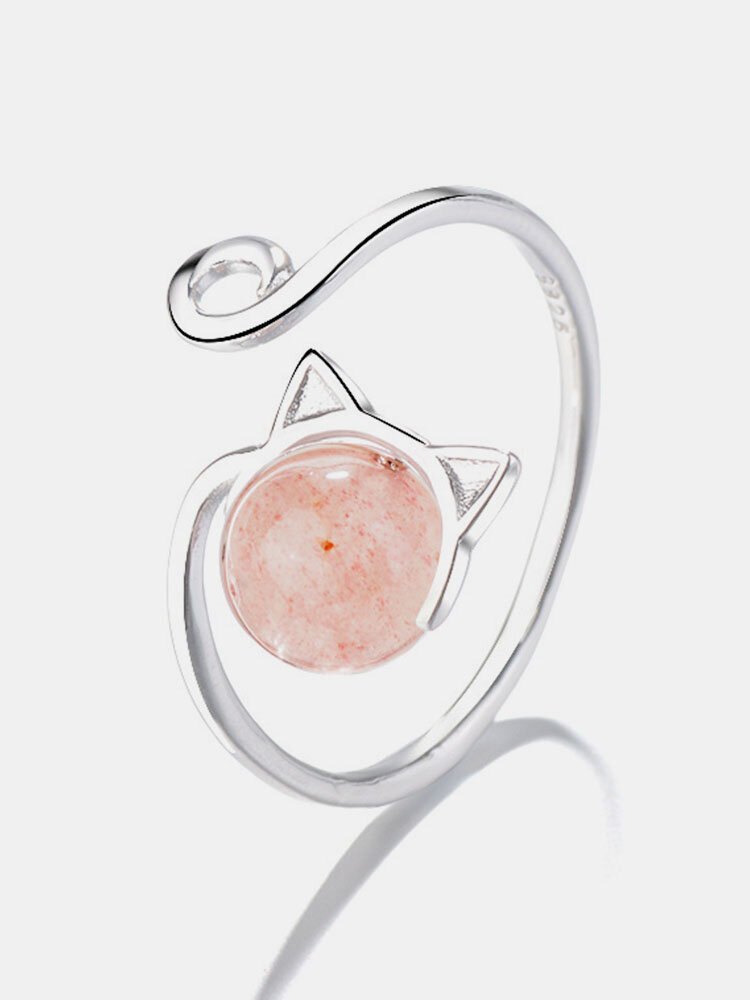 Trendy Micro-inlaid Strawberry Crystals Cat-shaped Adjustable Opening Copper Ring