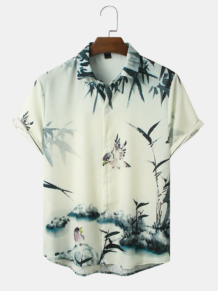 Mens Ink Bamboo & Bird Print Lapel Chinoiserie Short Sleeve Shirt
