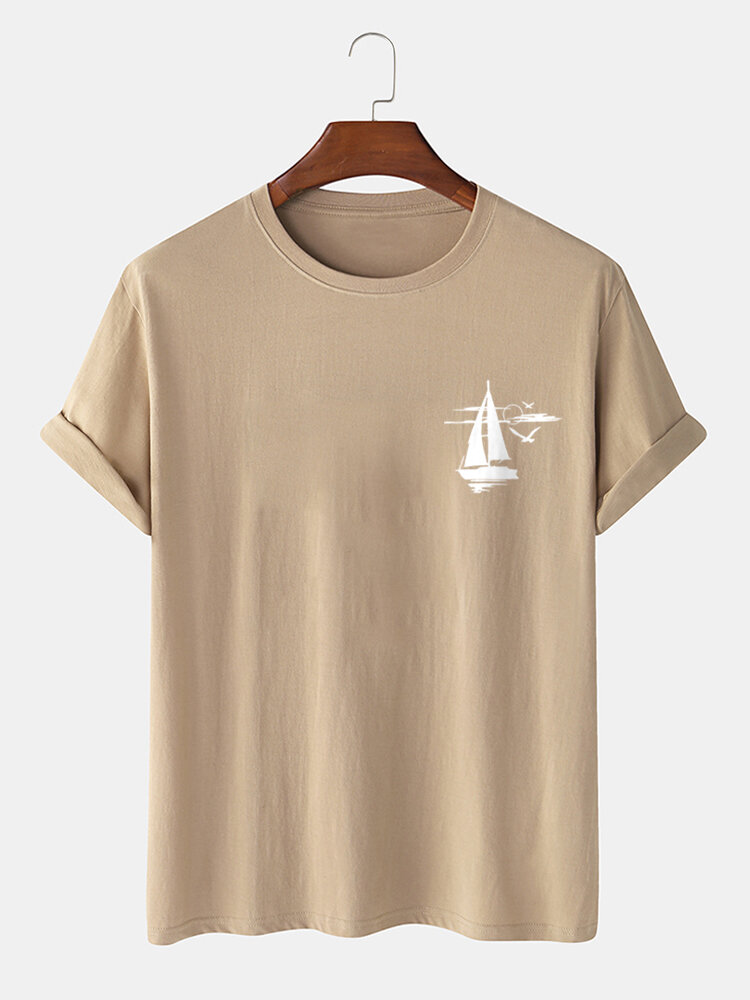 Mens 100% Cotton Sailboat Print Short Sleeve T-Shirt