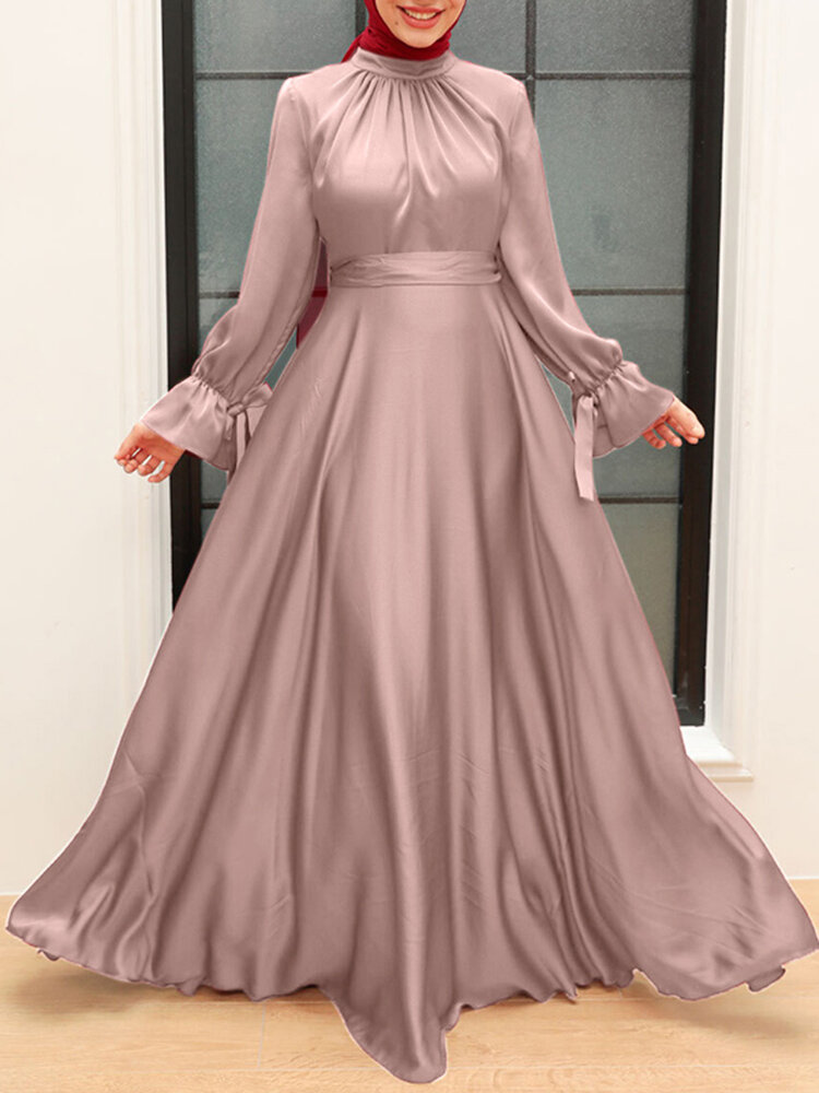 Женское однотонное атласное платье-стойка с воротником-стойкой, мусульманское платье макси с длинными рукавами Платье