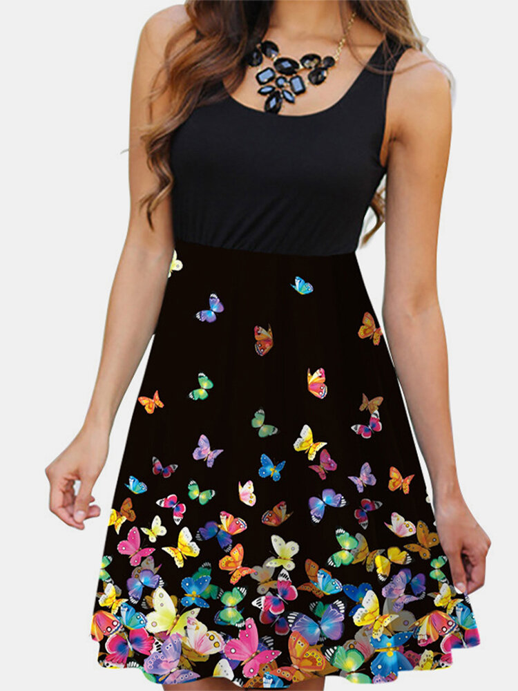 Butterfly Printed Sleeveless O-neck Midi Dress