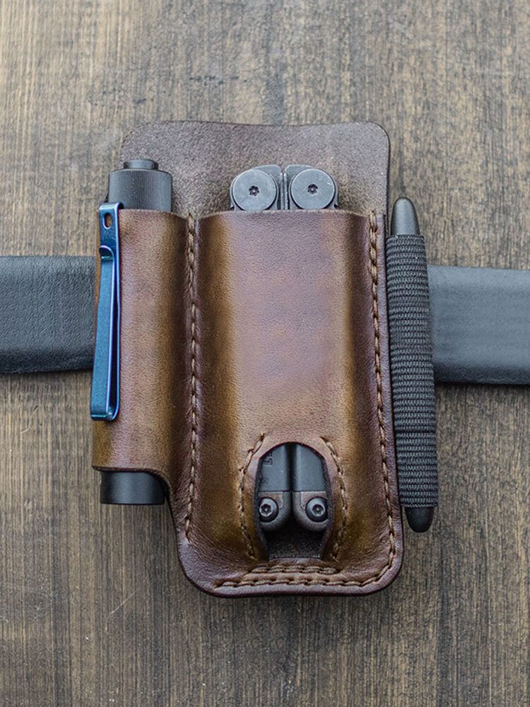 EDC Genuine Leather Multitool Flashlight Pen Organizer Gear Sheath Waist Belt Bag
