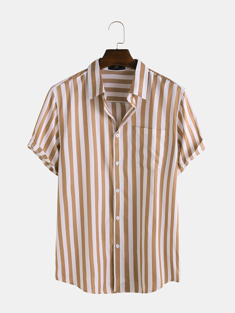 Mens Brief Style Stripe Printed Casual Breathable Short Sleeve Shirts