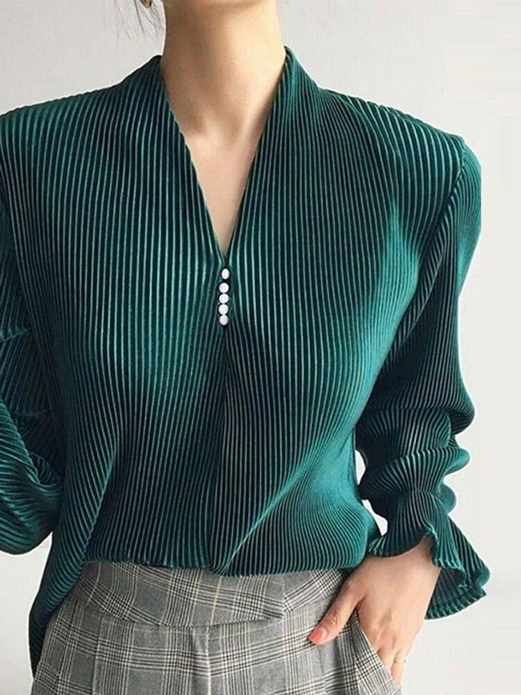 Solid Pleated Long Sleeve V-neck Blouse For Women