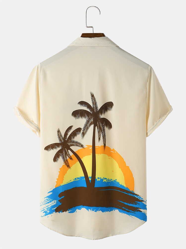 Mens Coconut Tree Print Lapel Holiday Short Sleeve Shirt