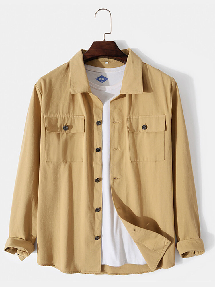 

Mens Pure Color Button Up Casual 100% Cotton Overshirt With Flap Pocket, Khaki