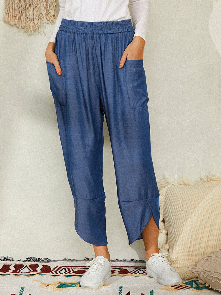Solid Color Elastic Waist Pocket Asymmetrical-hem Casual Pants for Women
