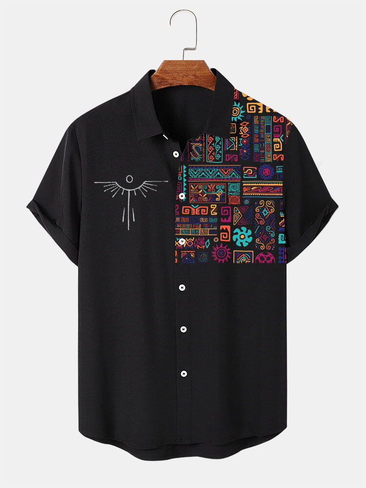 Herren-Hemden mit Ethno-Tribal-Totem-Print, Revers, kurzärmelig, Winter