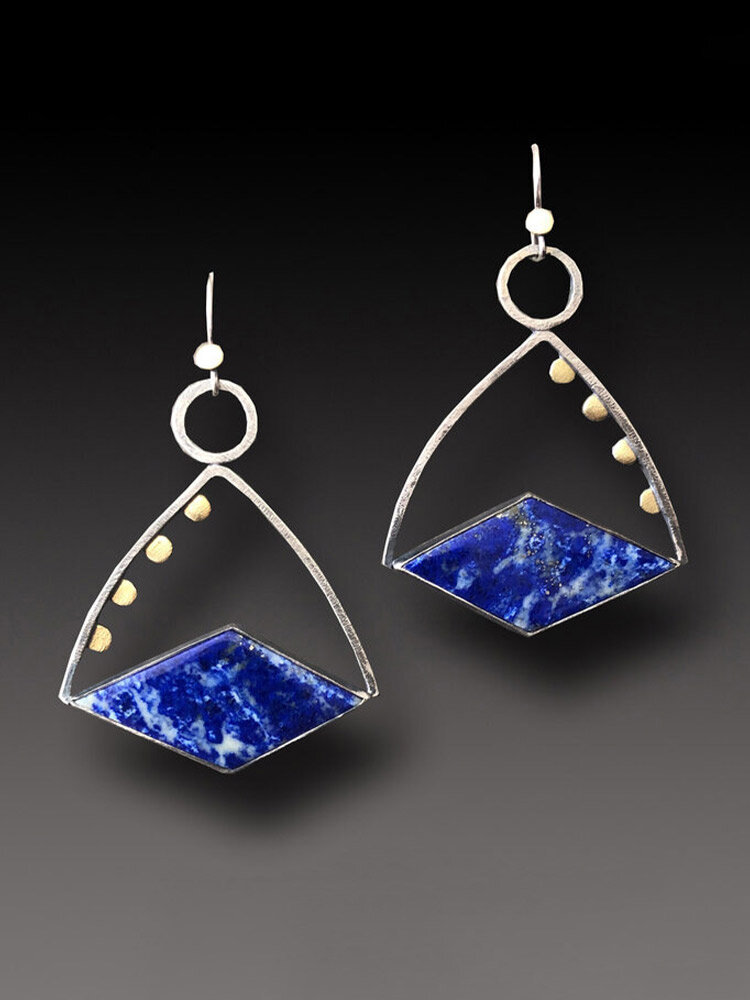 Vintage Hollow Rhombus-shaped Inlaid Blue Lapis Lazuli Alloy Earrings