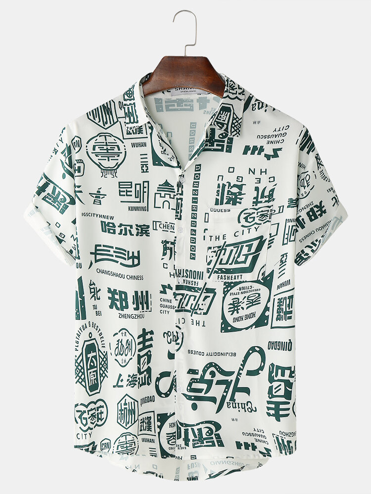 Mens All Over Chinese Character City Print Street Short Sleeve Shirts