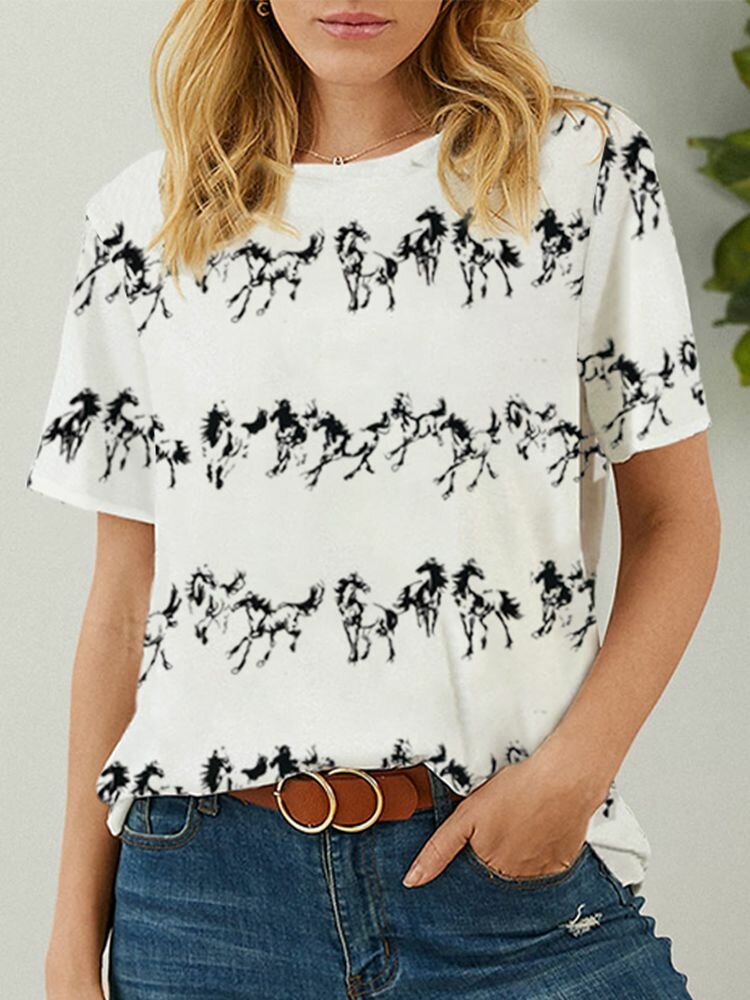 

Horses Print O-neck Short Sleeve Women Casual T-Shirt, White