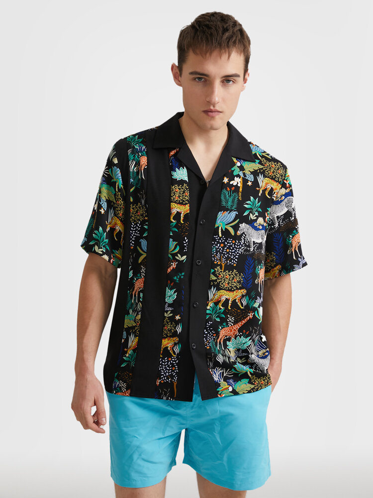

Mens Tropical Animal Plant Print Revere Collar Holiday Short Sleeve Shirts, Black