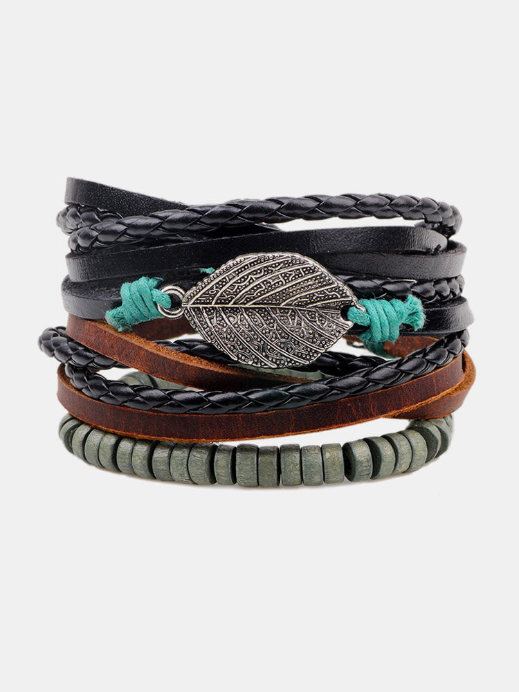 Retro Men's Leather Wax Rope Beads Multi Strand Leaf Pendant DIY Bracelets