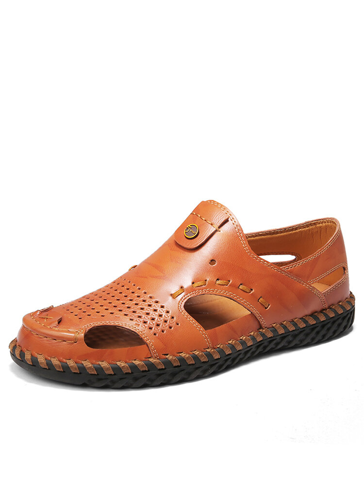 Men Closed Toe Hand Stitching Slip On Leather Sandals