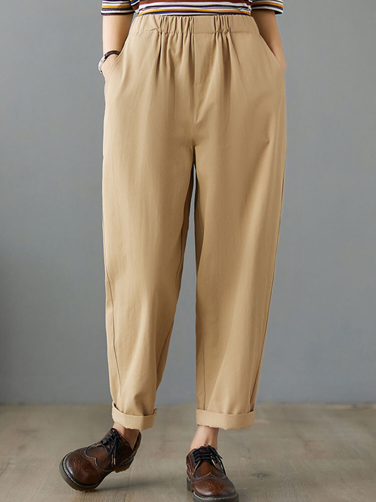 Solid Elastic Waist Pocket Casual Harem Pants For Women