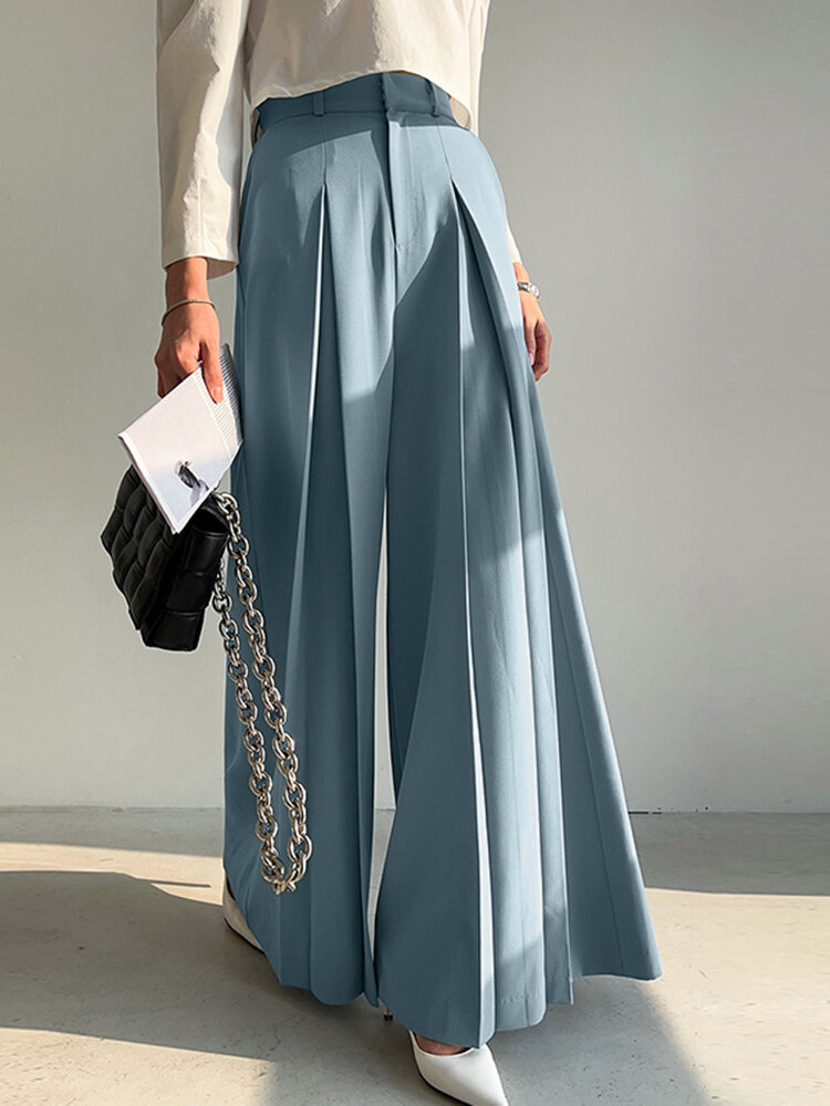 Women Solid Pleated Casual Wide Leg Pants With Pocket