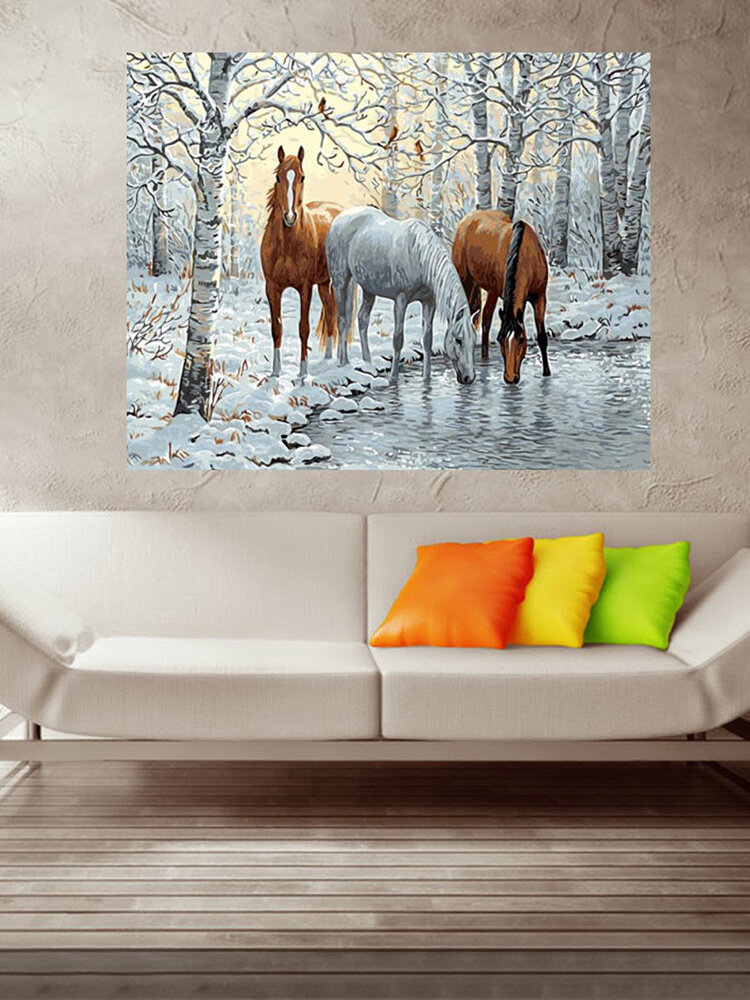 

Wood Framed DIY Paint By Number 16"*20" kit Three Horses In Ice Forest