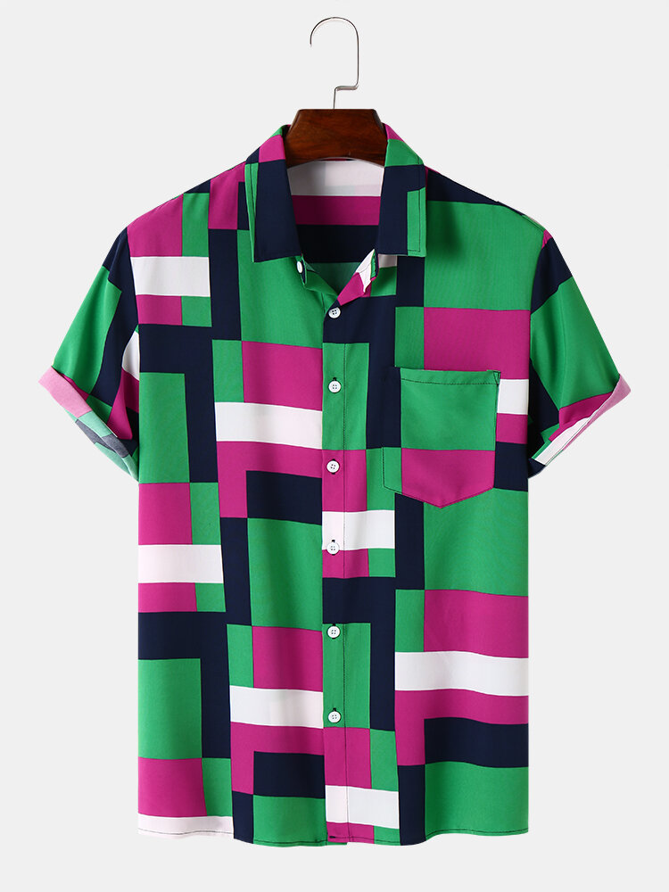 Mens Geometric Matching Print Buttons Short Sleeve Light Shirts