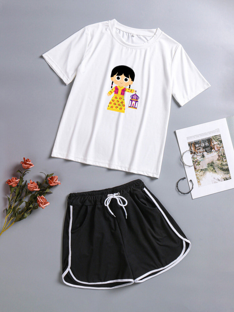 

Women Cartoon Figure Pattern Ramadan T-Shirt & Drawstring Shorts Pajamas Sets, White;black