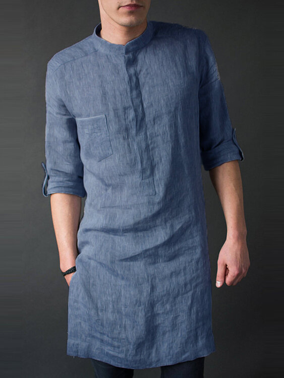 Mens Plain Linen Solid Color Mid-long Henley Shirts