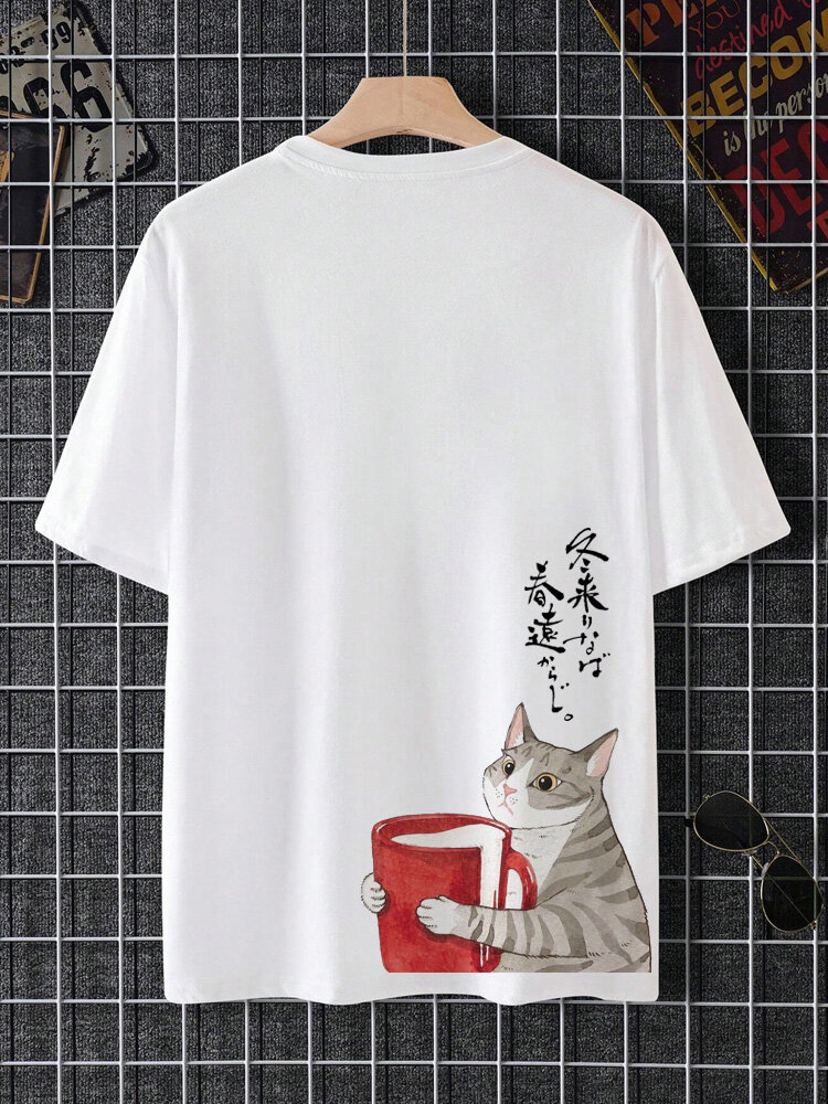 Mens Cartoon Cat Back Print Crew Neck Casual Short Sleeve T-Shirts Winter