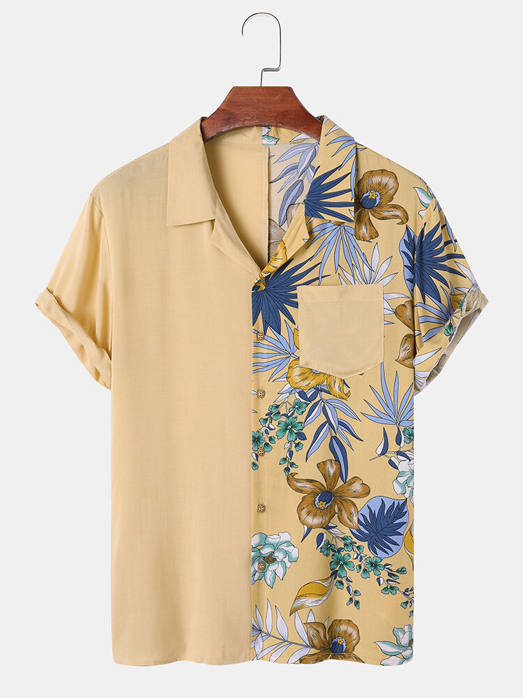 Mens Tropical Floral Print Patchwork Camp Collar Short Sleeve Shirts