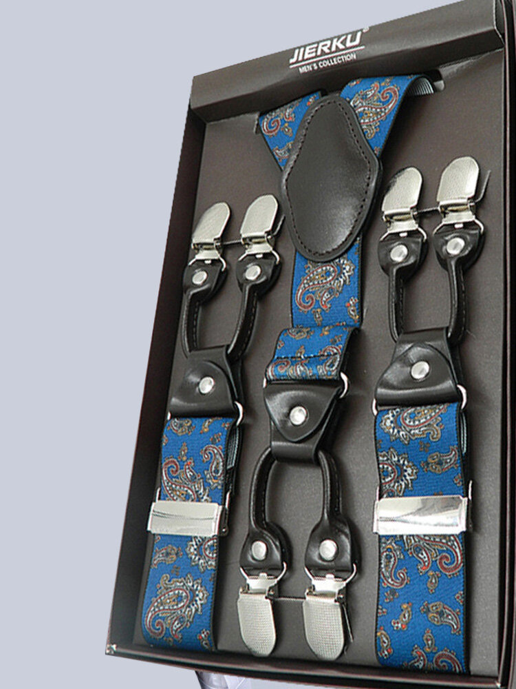 125CM Men's Suspenders Casual Braces High Elastic Leather Suspenders Adjustable 6 Clip Belt Strap