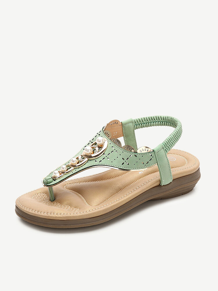 Bohemia feminino Soft sandálias planas chinelos de pérola