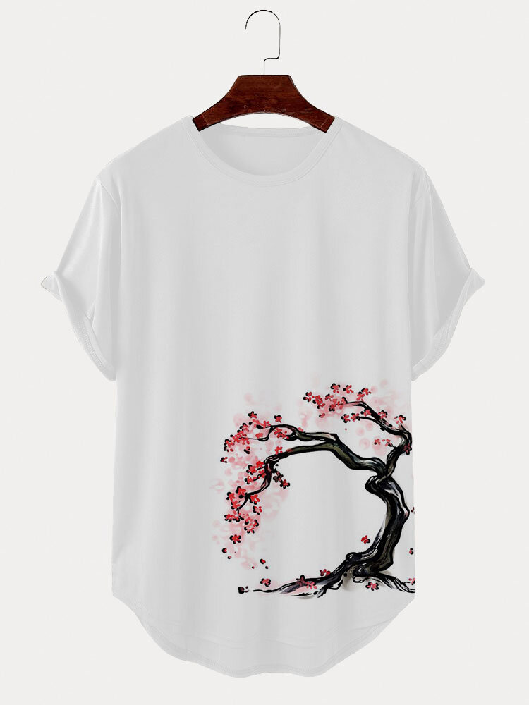 

Mens Japanese Cherry Blossoms Print Curved Hem Short Sleeve T-Shirts Winter, White