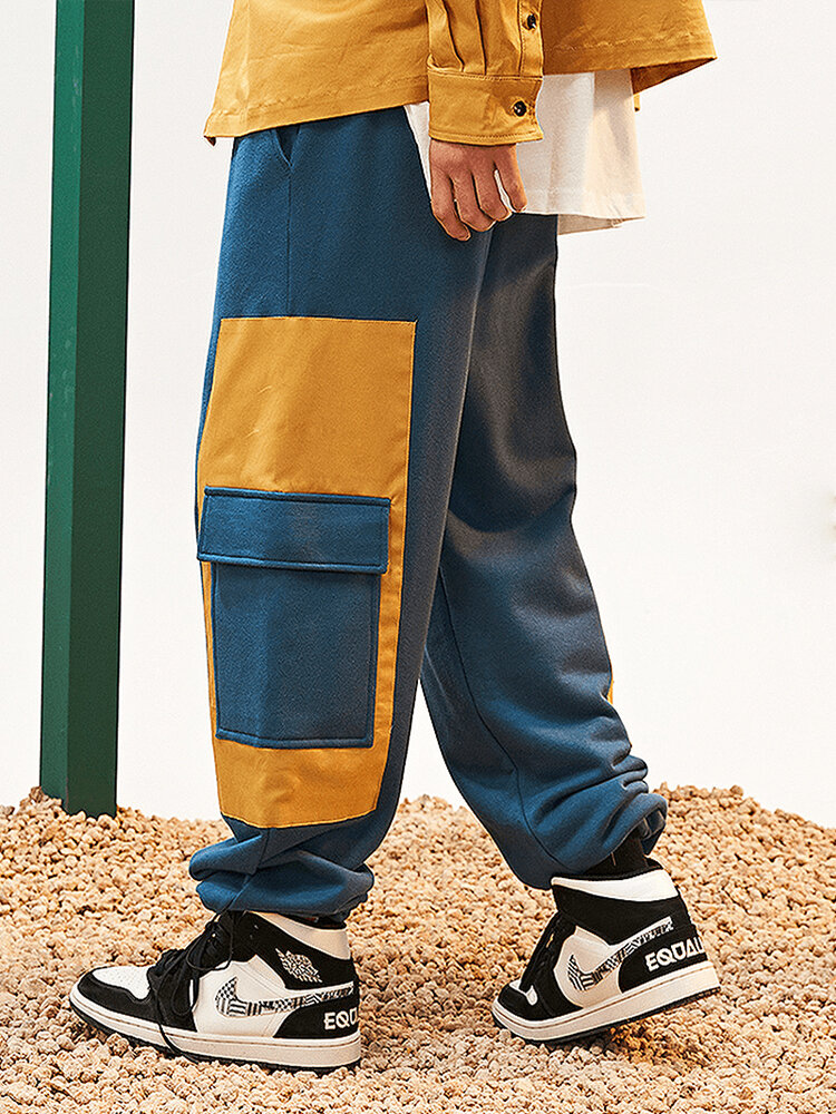 Costura masculina colorida em bloco Cargo bolso solto Calças