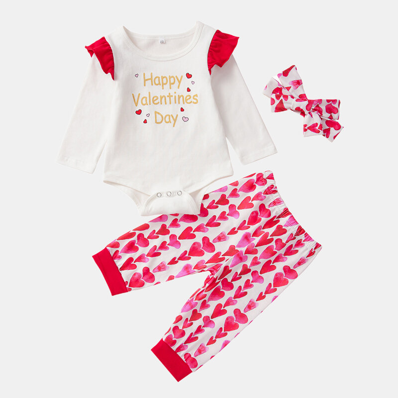 3Pcs Baby Flying Sleeves Love Pattern Print Valentine's Day Set For 0-24M