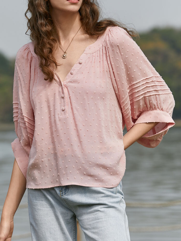 Solid Button Lantern Sleeve V-neck Loose Blouse For Women