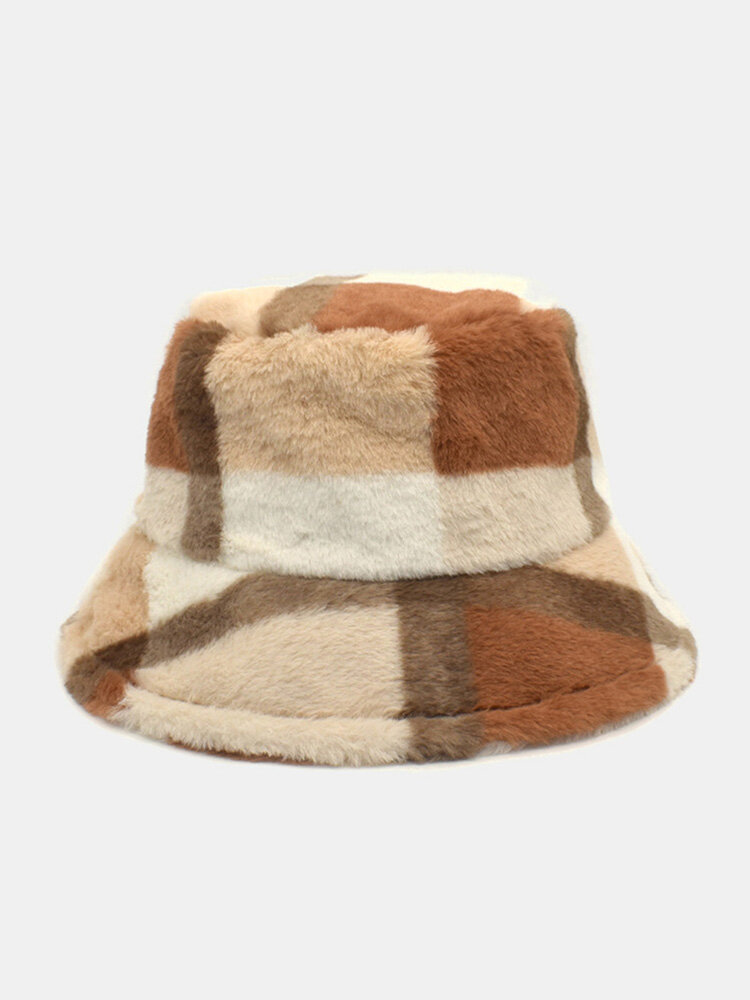 Unisex Plush Large Lattice Pattern Vintage Autumn Winter Outdoor Warmth Bucket Hat