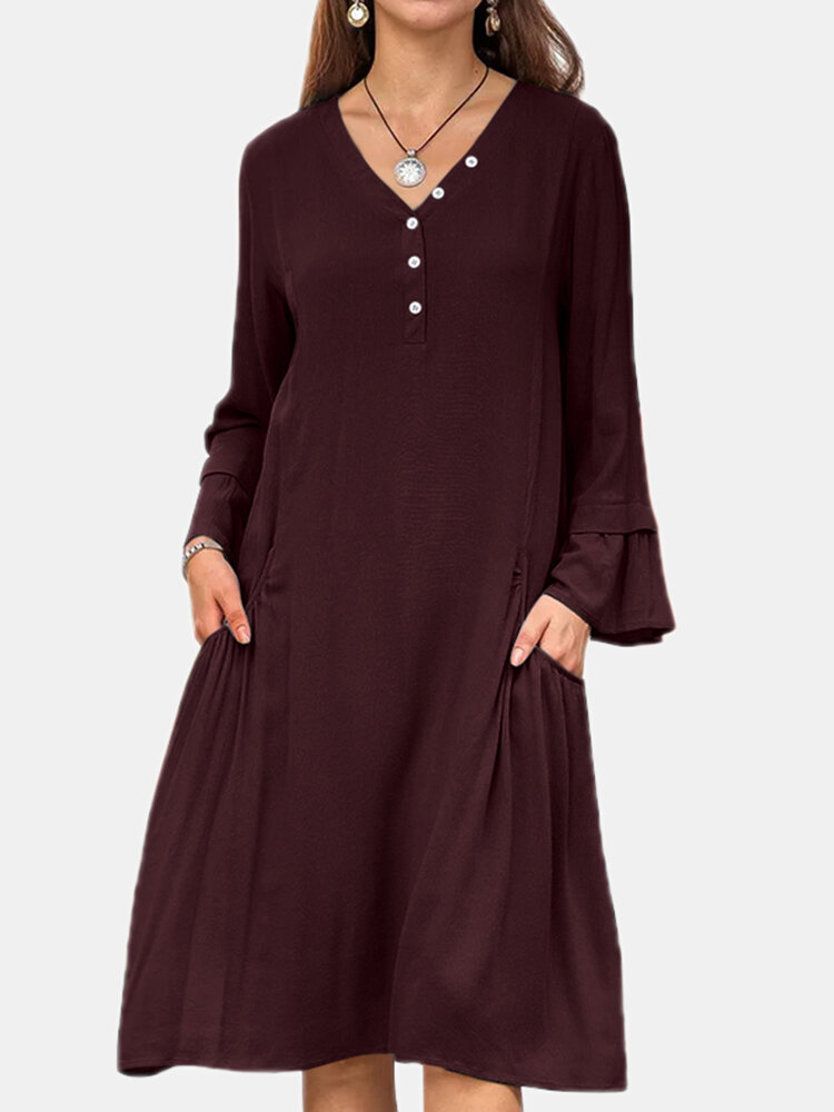 Solid Color Button Long Sleeves V-neck Casual Dress