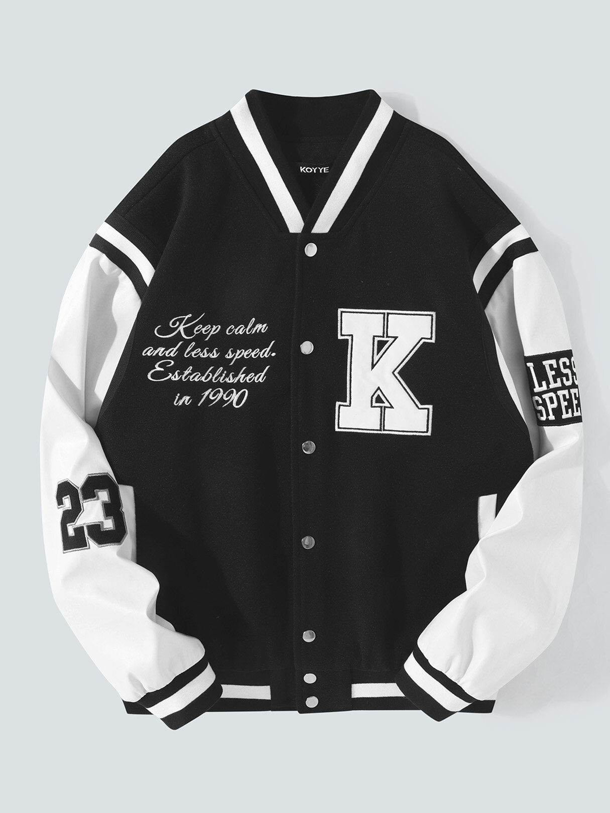 KOYYE Mens Letter Embroidered Patched Patchwork Varsity Baseball Jacket