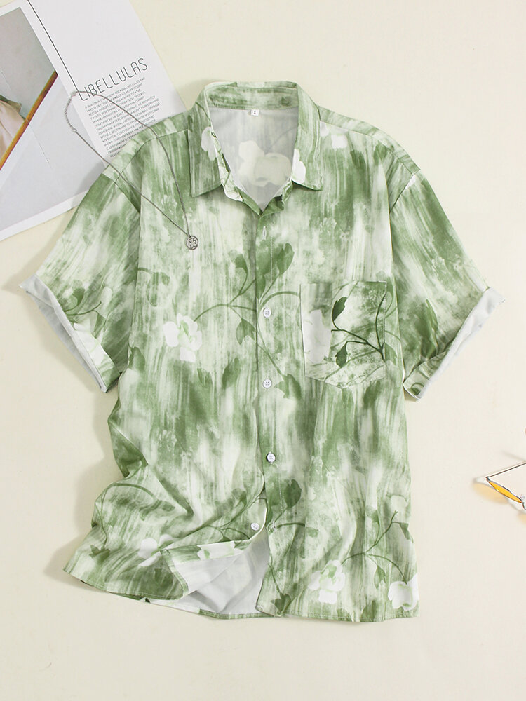 Tie Dye Flower Print Pocket Loose Button Short Sleeve Lapel Shirt