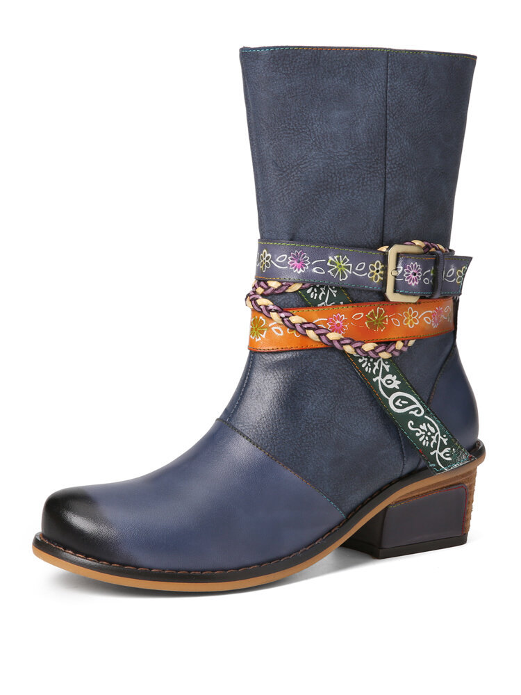 

Socofy Genuine Leather Retro Floral Buckle Decor Side Zipper Comfy Chunky Heel Mid Calf Boots, Blue