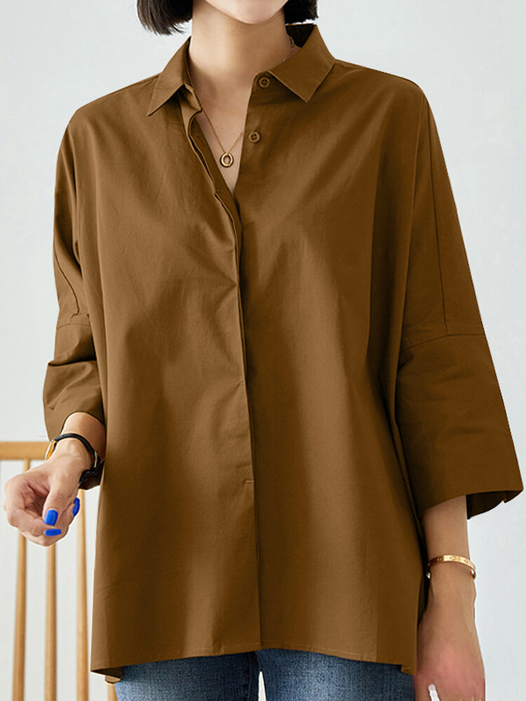 Solid Lapel Loose Casual 3/4 Sleeve Women Shirt