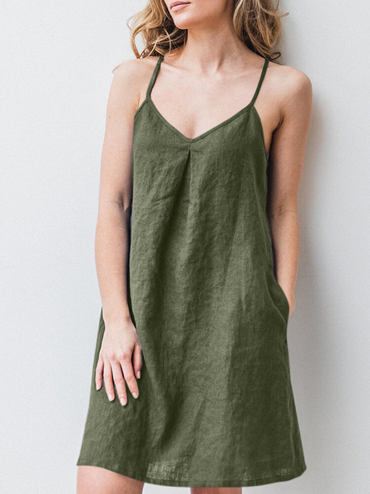

Solid Pocket Spaghetti Strap Backless Dress For Women, Navy;beige;green