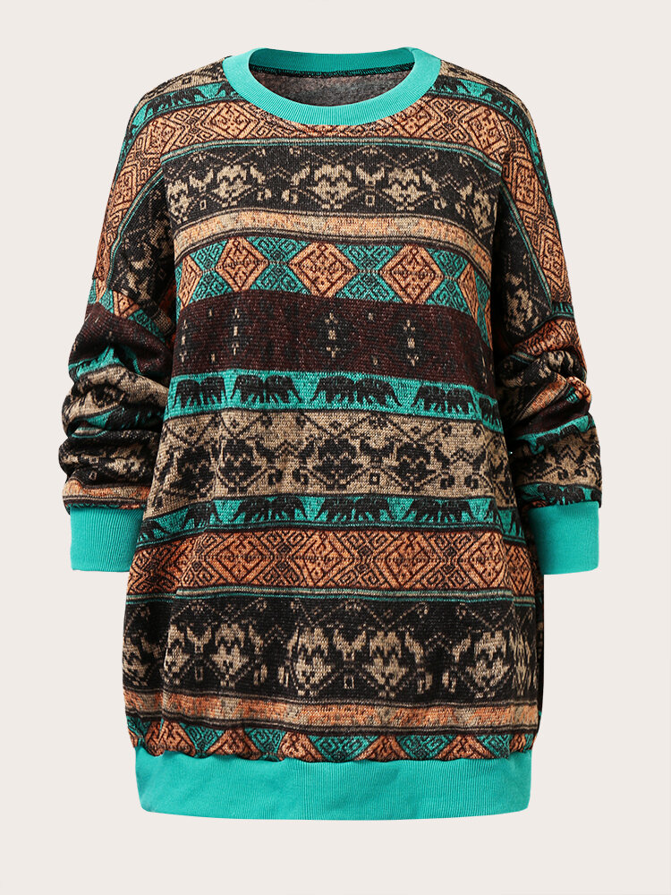 Plus Size Vintage Ethnic Pattern O-neck Loose Casual Sweater