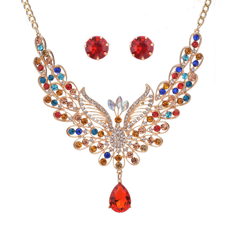 

Elegant Peacock Womens Jewelry Set Luxury Colorful Rhinestone Bird Animal Clavicle Necklaces Earring, Colorful;transparent;black;blue;red