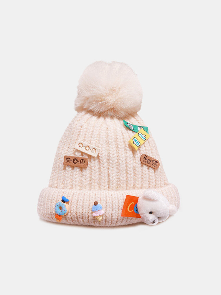Unisex Knitted Solid Color Cartoon Cloth Label Resin Plush Doll Decoration Fashion Warmth Brimless Beanie Hat