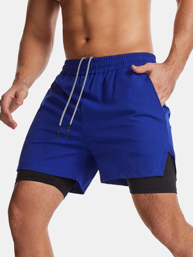 Mens Solid Color Quick Dry Sports Running Casual Stretch Shorts With Compression Liner